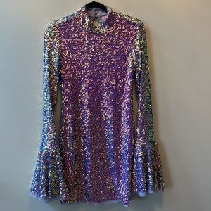 Free People Sequin Long Bell Sleeve Dress Open Back Fully Lined Small